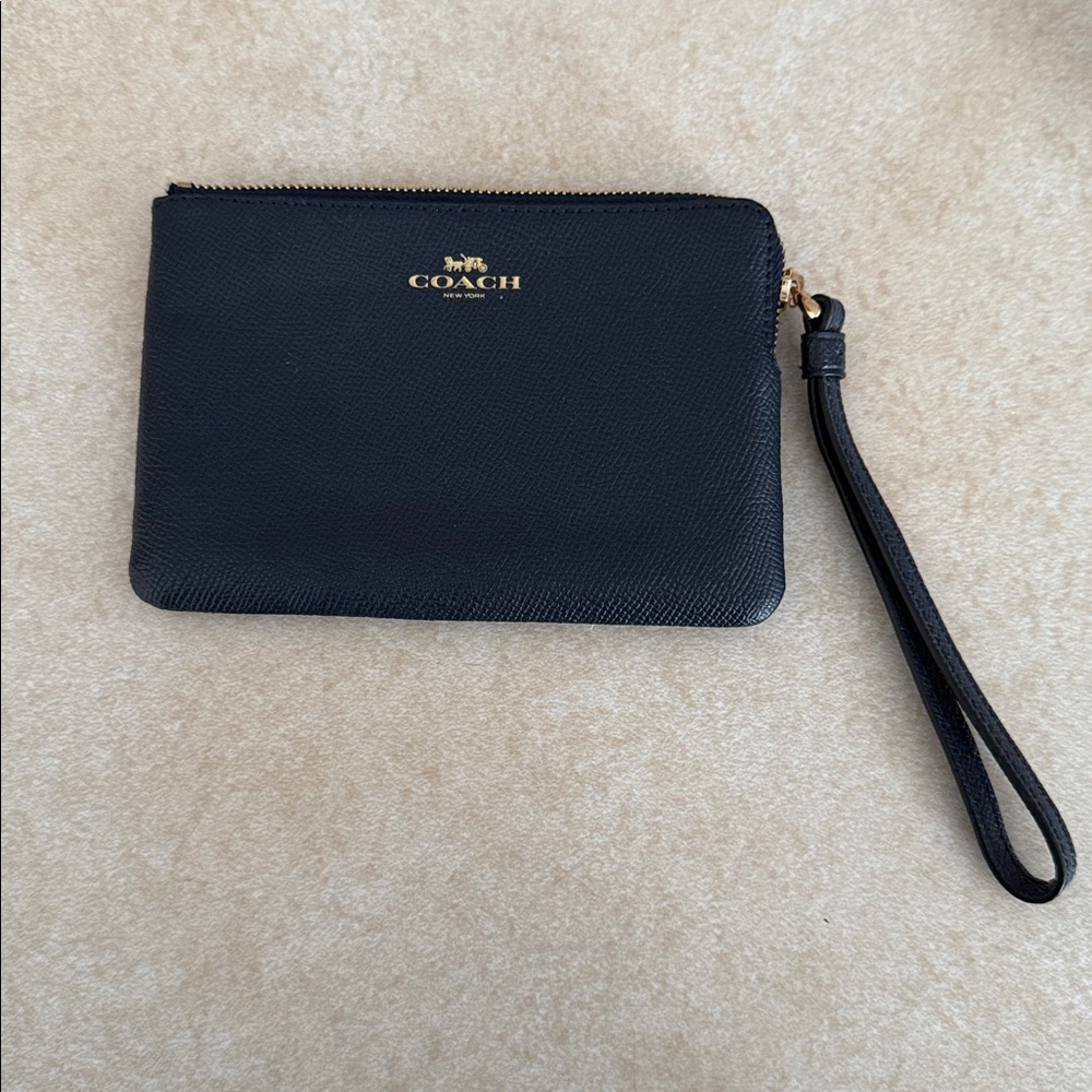 Coach Navy Leather Wristlet with Gold Accents